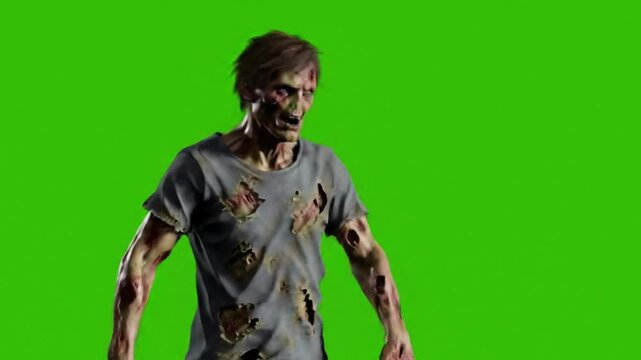 Zombie with torn shirt and exposed wounds standing against green screen background