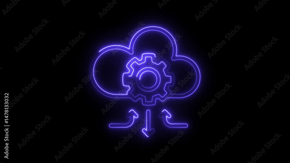 Poster cloud computing neon style with gear mechanism and arrows animated on black background