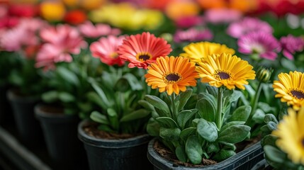 Vibrant flower display in small pots showcasing various colors.