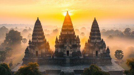 Naklejka premium Majestic ancient temples bathed in golden sunrise mist
