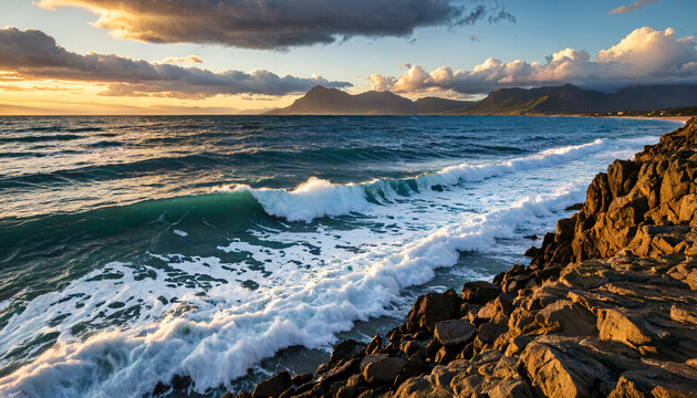 Une vague se brise contre le rivage.
