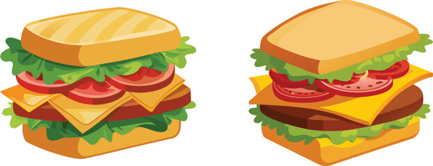 Delicious cartoon sandwich with cheese, lettuce, tomato, and hamburger patty illustration