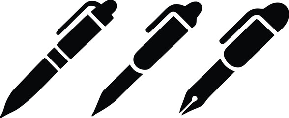 Three black stylized pen and fountain pen icons for design and writing concepts