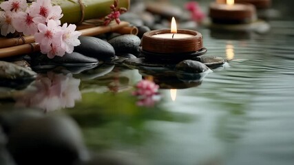 Tranquil spa setting with candles and blossoms - Powered by Adobe