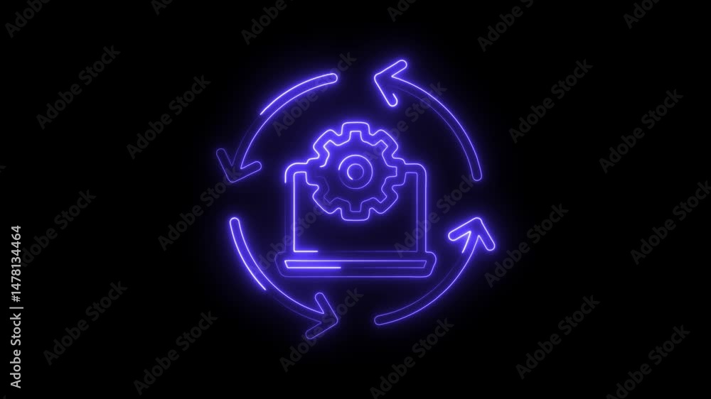 Poster neon animated laptop with gear symbol in a circular arrow motion on dark background