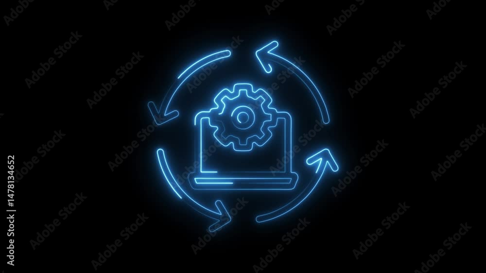 Poster neon laptop update animation with rotating arrows representing process and software maintenance