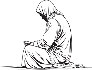 Muslim Man Praying – Islamic Line Art Illustration in Traditional Clothing and Peaceful Sitting Posture