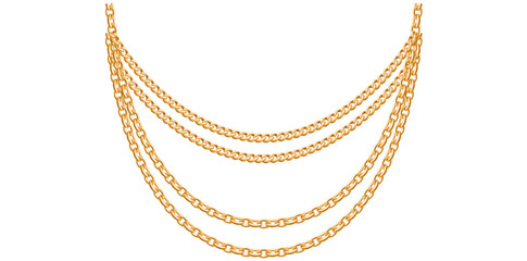 Layered Gold Chains Necklace On White Background, Unique Fine Jewelry Vector Illustration.	