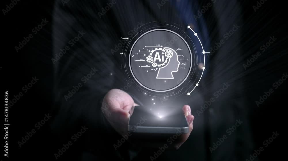 Poster human interact with ai artificial intelligence brain processor in concept of ai artificial intellige