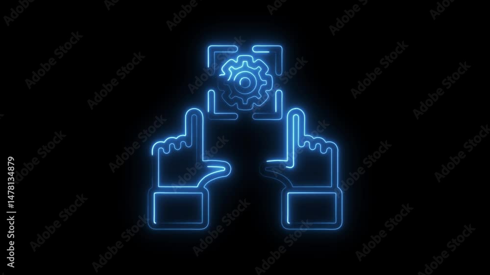 Poster neon hands adjusting a gear icon concept of technology and customization with glowing effect