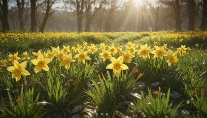 Golden daffodils shine brightly in a verdant meadow bathed in sunlight , outdoor, daffodils, vibrant colors