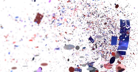 Festive confetti explosion with red, blue, and white pieces. Perfect for celebrations