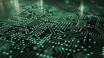 Obraz premium Abstract close-up of a green circuit board showcasing intricate patterns and glowing details.