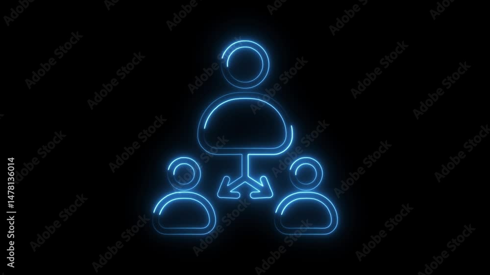 Poster glowing neon hierarchy icon animation on black background showcasing teamwork and management structu