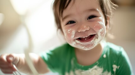 Joyful Child with Flour on Face Holding Whisk in Kitchen Setting