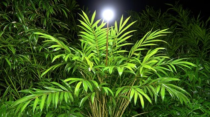 Fototapeta premium Luminous night scene featuring a vibrant green plant illuminated by a bright light source, surrounded by lush green foliage. The image evokes a sense of serenity and mystery.