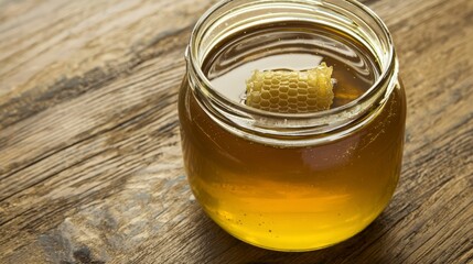 Raw Honey Jar with Honeycomb Piece on Rustic Wooden Table