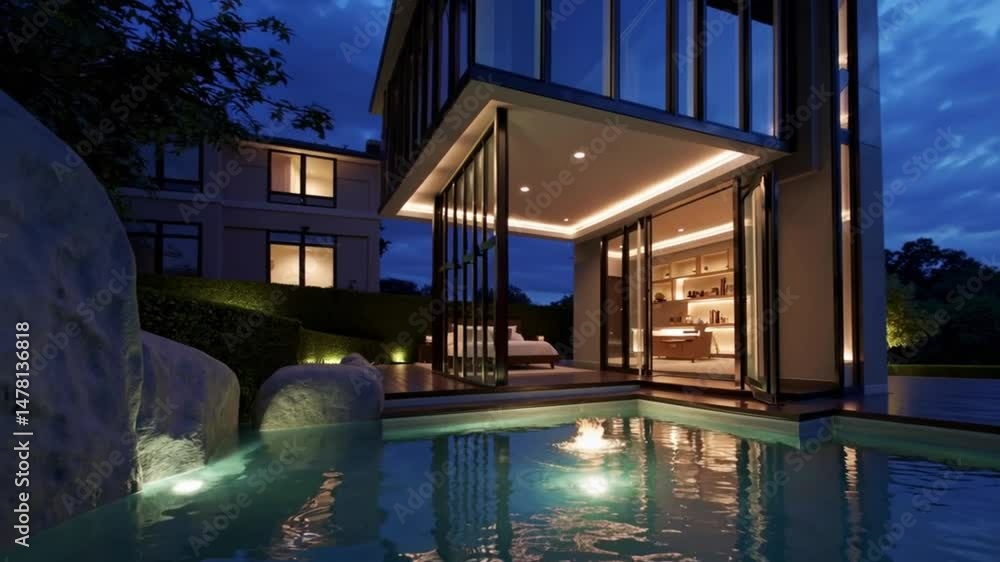 Poster a pool with a fire in it and a bed in the background