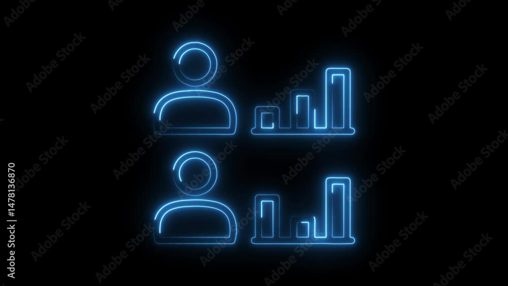 Poster glowing neon line icons of user and bar graph on black background animation