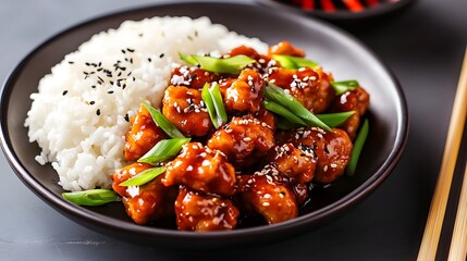 Delicious general tso's chicken with steamed rice - asian cuisine delight