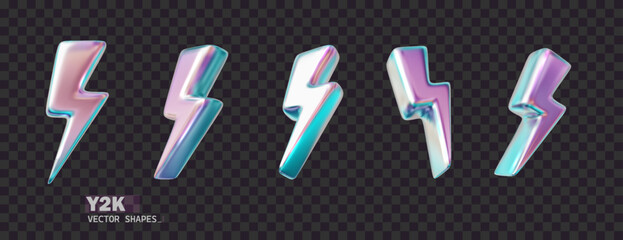 Chrome 3d lightning holographic collection. Metal realistic shape 3d chrome vector for modern futuristic design aesthetics. Y2k vector.