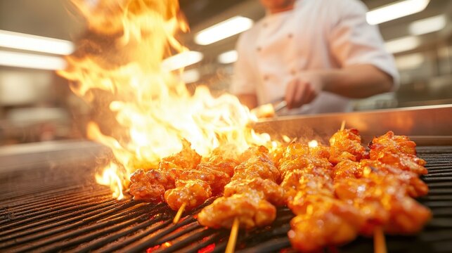 Chef cooking with flames, energetic kitchen environment, vibrant colors, focus on culinary skill and action, dynamic scene.