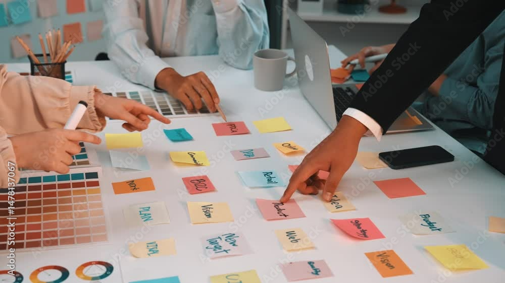 Poster a vibrant workspace depicting a collaborative planning session with colorful sticky notes and color 