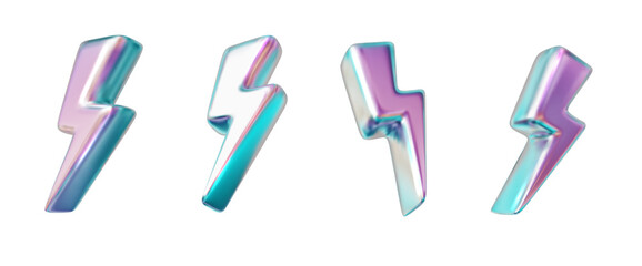 Holographic lightning 3D vector. Chrome neon gradient with shine. Symbol of energy, electricity, danger isolated