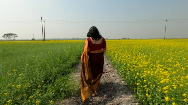 A bengali lady wearing traditional bengali dress called Sharee and walking through mustard field