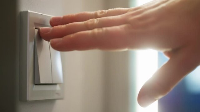 Close Up of Female Hands Turning Light Switch On and Off Indoors Woman Using Wall Switch to Control Lighting in Room, Fingertips Touching Button in Home Interior