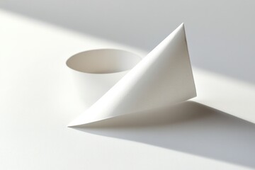 Minimalist Abstract Composition White Cone and Cylinder Intersect Under Soft Sunlight, Creating Elegant Shadows and Geometric Shapes, Ideal for Modern Branding and Design Projects.