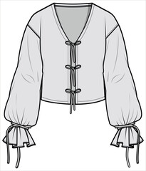 Bishop Sleeve Top with Front Knot Tie Fashion Flat Sketch Vector Illustration, CAD, Technical Drawing, Flat Drawing, Template, Mockup.