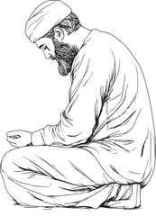 Muslim Man Praying – Islamic Line Art Illustration in Traditional Clothing and Peaceful Sitting Posture