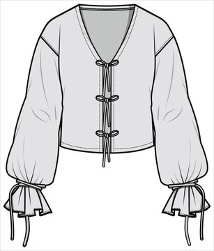 Bishop Sleeve Top with Front Knot Tie Fashion Flat Sketch Vector Illustration, CAD, Technical Drawing, Flat Drawing, Template, Mockup.