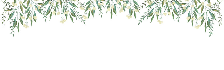 Frame with watercolor illustrations of various herbs. Frame with hand-drawn green branches of herbs. Perfect for wedding, birthday, seasonal holidays.