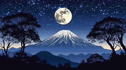 Fototapeta premium Under a Full Moon, Mount Fuji Embodies Japan's Serene Night