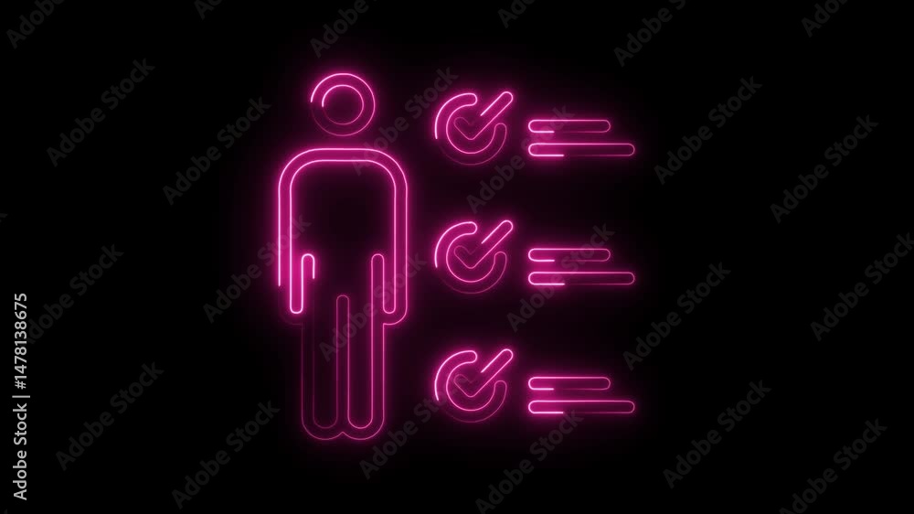 Poster neon applicant profile with checked items on dark background digital animation