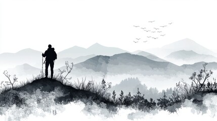 At Majestic Mountain Vista, a lone hiker is seen contemplating the majestic view of snow-capped peaks set against a tranquil sky