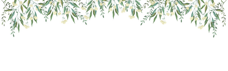 Frame with watercolor illustrations of various herbs. Frame with hand-drawn green branches of herbs. Perfect for wedding, birthday, seasonal holidays.