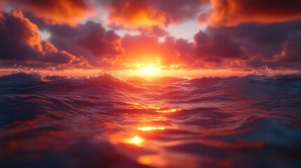 Dramatic sunset over turbulent ocean waves.