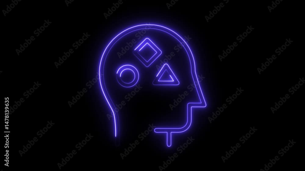 Poster neon human head with geometric shapes inside the brain concept for thinking and problem solving