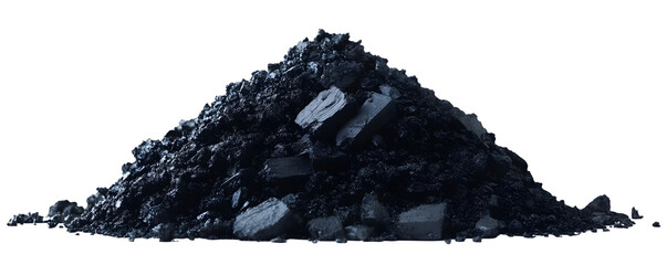 Clumped black coal pile, stark white backdrop , dark, coal pile