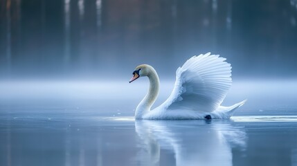 Fototapeta premium Majestic swan gracefully gliding on tranquil water.