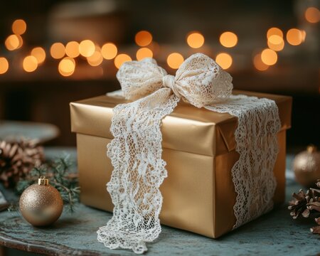 Golden gift box with lace ribbon, festive lights