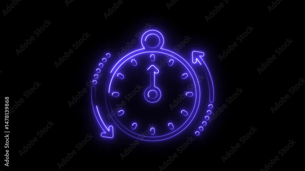 Poster neon stopwatch rotating with arrow animation on black background represents time management