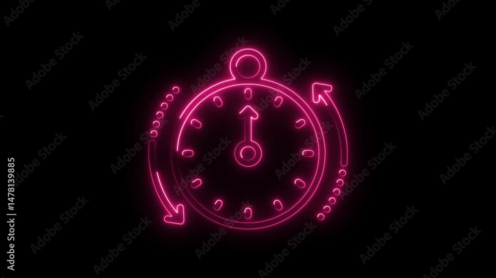 Poster glowing pink neon stopwatch with circular arrows on black background representing countdown and prog