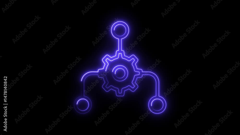Poster neon gear and flowchart network system illustration on black background for technology projects