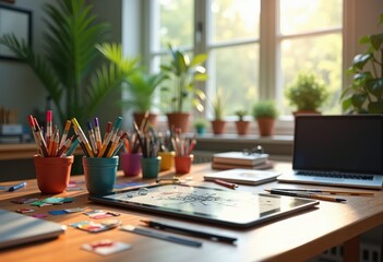 colorful digital art supplies bright workspace background creative studio inspiration, workspaceinspiration, drawing, tools, brushes, pens, artboard
