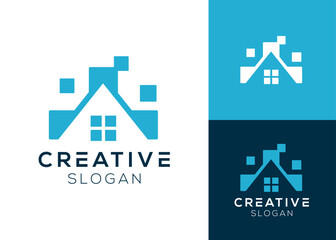 Obraz premium RoofTech logo. Roof of house with technology elements logo design