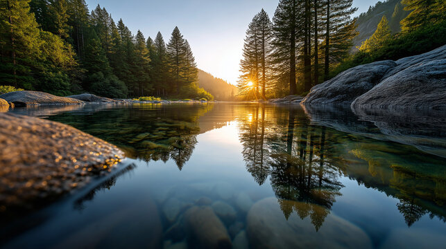 Sonnenuntergang am Bergsee mit spiegelglattem Wasser und Nadelwald, idyllische Naturlandschaft